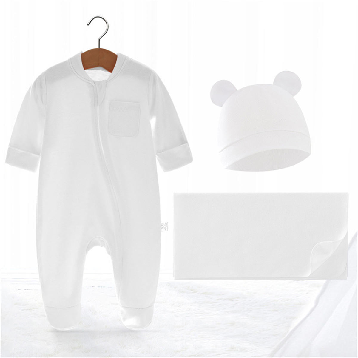 Newborn pure cotton long-sleeved foot-covering crawling suit jumpsuit hat + swaddle