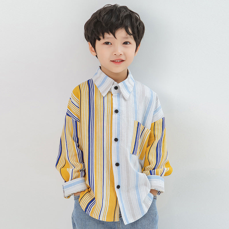 Long-sleeved shirt with striped lapel top