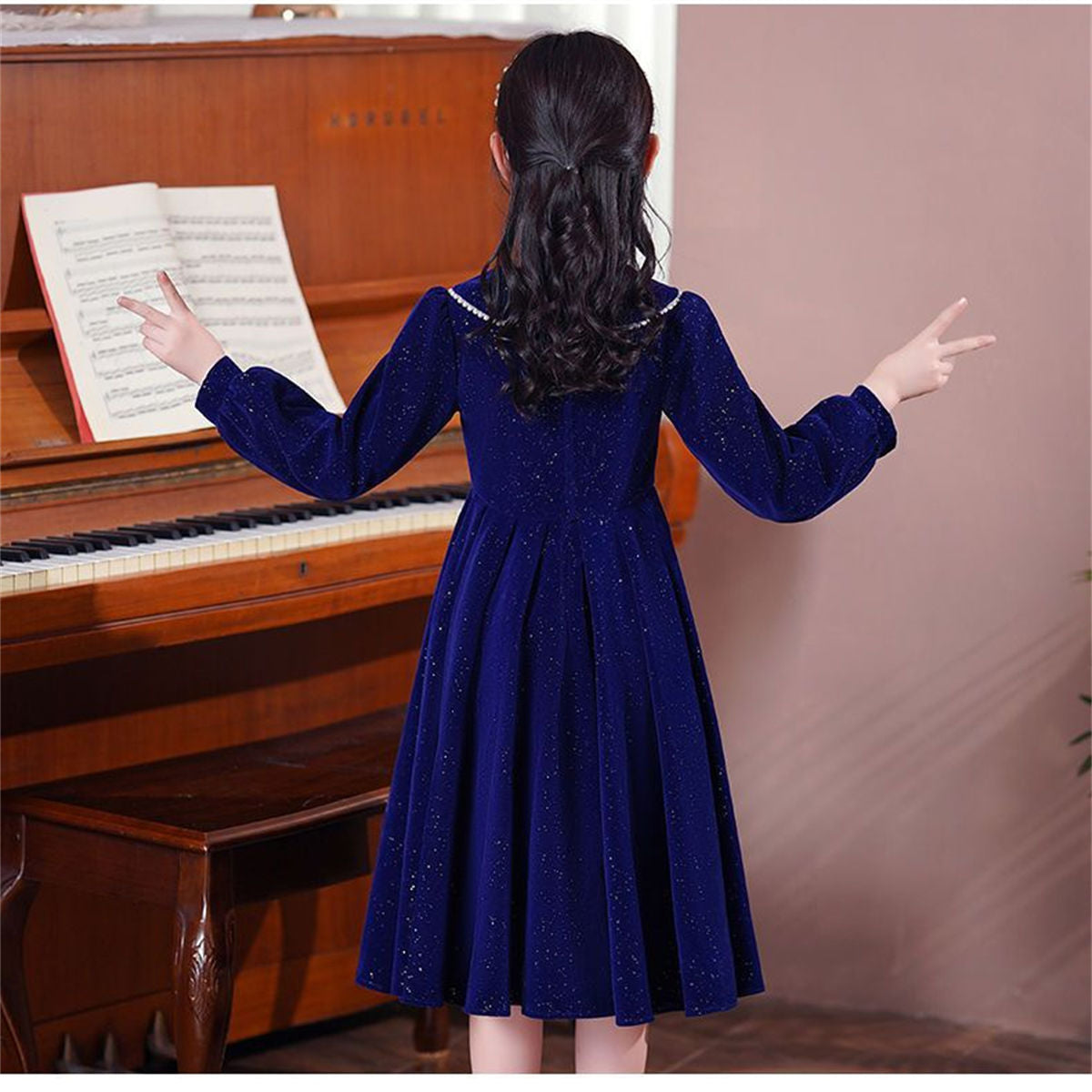 Winter solid color exquisite lady style shiny bow long sleeve dress for middle and large children girls