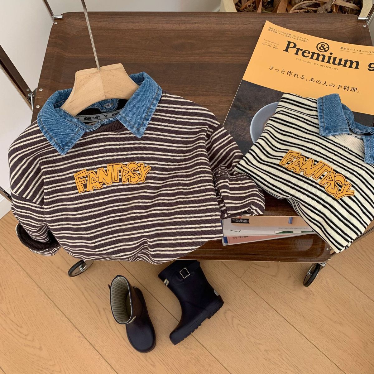 Children's sweatshirt autumn boys' small and medium children's striped denim collar sweatshirt baby casual top