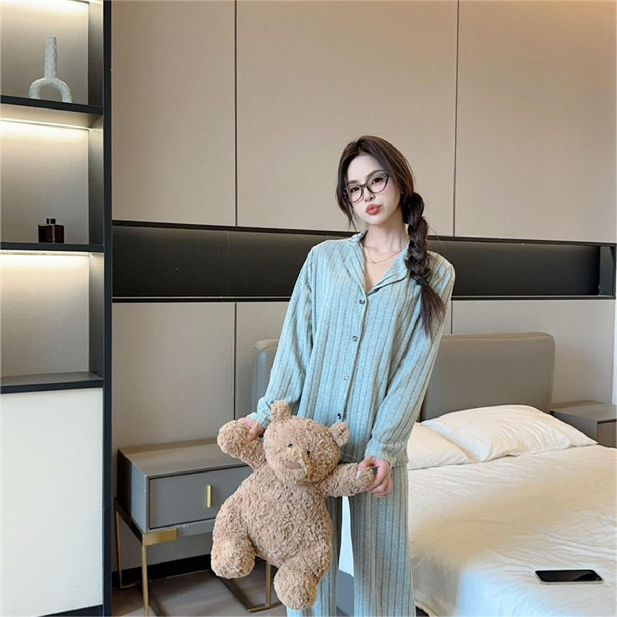 Simple Brushed Striped Women's Autumn and Winter Pajama Set