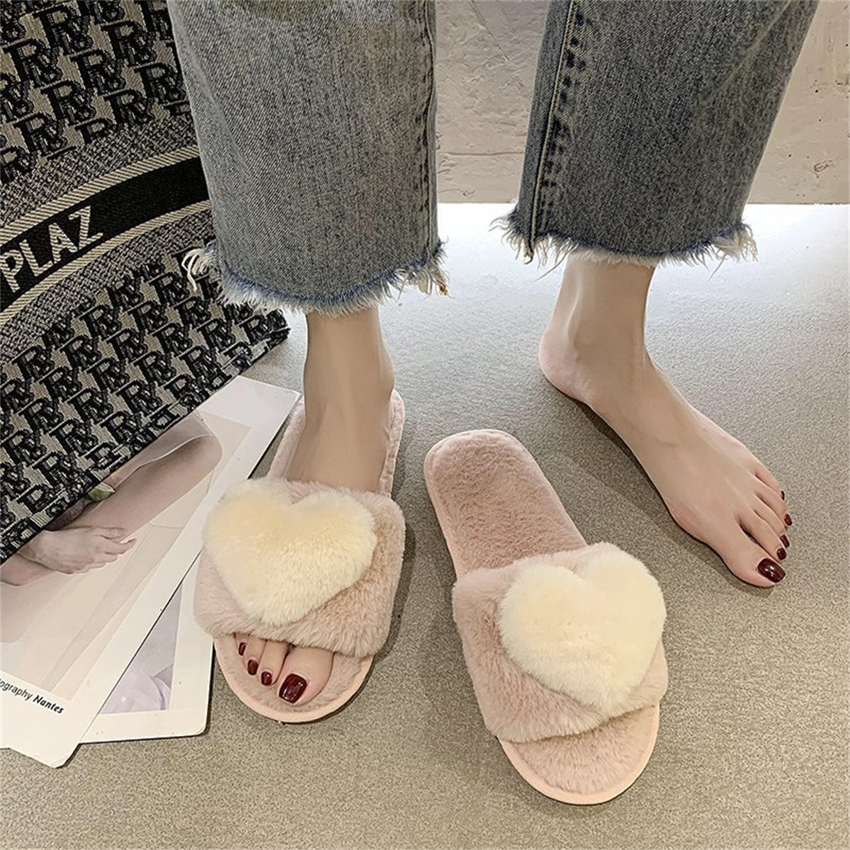 Furry love heart style autumn and winter temperament slippers shallow mouth women flat heel flat bottom daily home furry cotton slippers love word fur slippers