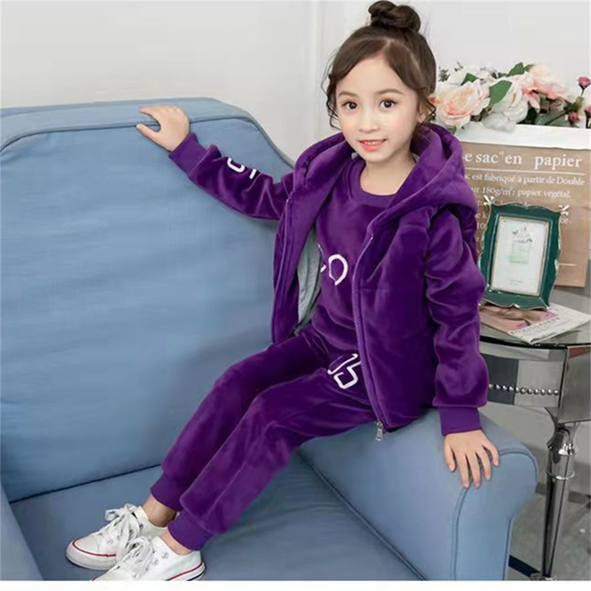 Medium and large girls casual sports style double-faced fleece casual sweatshirt three-piece set