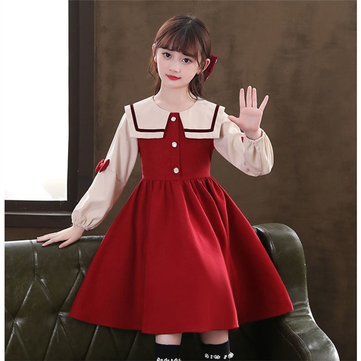 Autumn color matching sweet princess style navy collar bow long sleeve dress for middle and large children girls