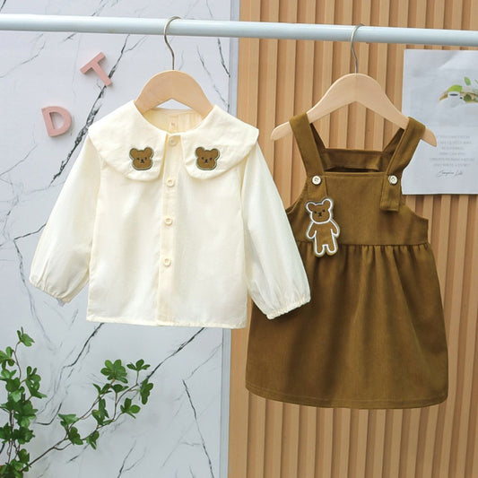 Girls Spring and Autumn Shirt Suspender Skirt 2-piece Set Cute Baby Girl Bear Suit Skirt Student Princess A-line Skirt