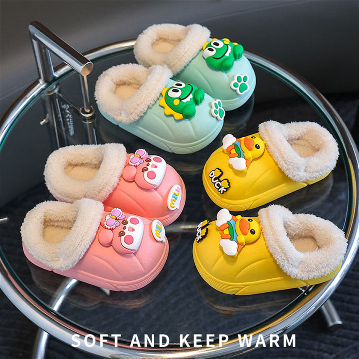 Winter waterproof plush 3D cartoon bear pattern cotton slippers for boys and girls