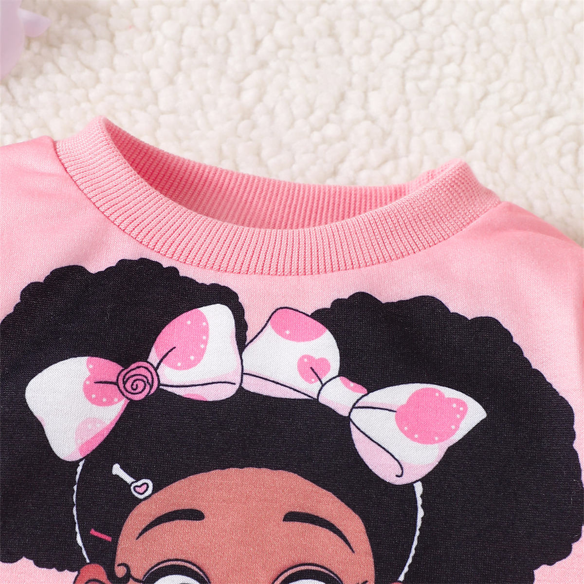 Baby Girl Cartoon Character Bow Heat Transfer Sweatshirt + Bow Print Sweatpants