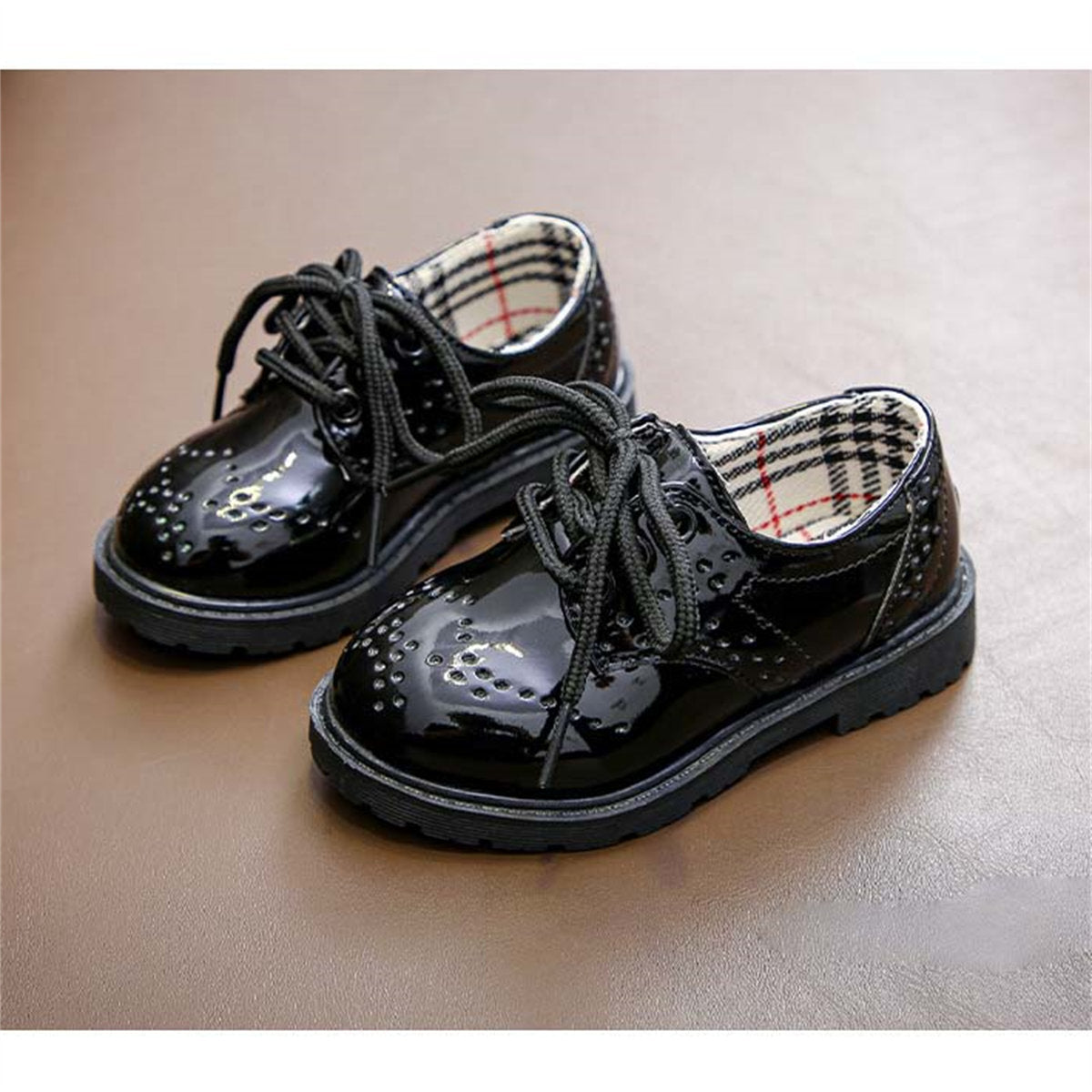 Little boy's spring and autumn British gentleman style party performance plaid waterproof water-soled leather shoes