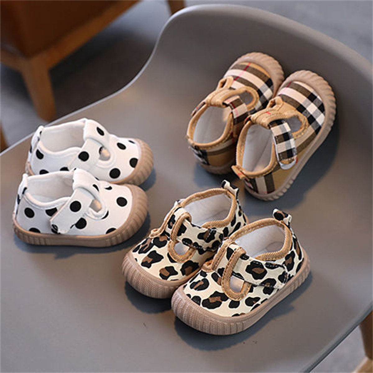 Little girls cute leopard check soft sole fabric toddler shoes