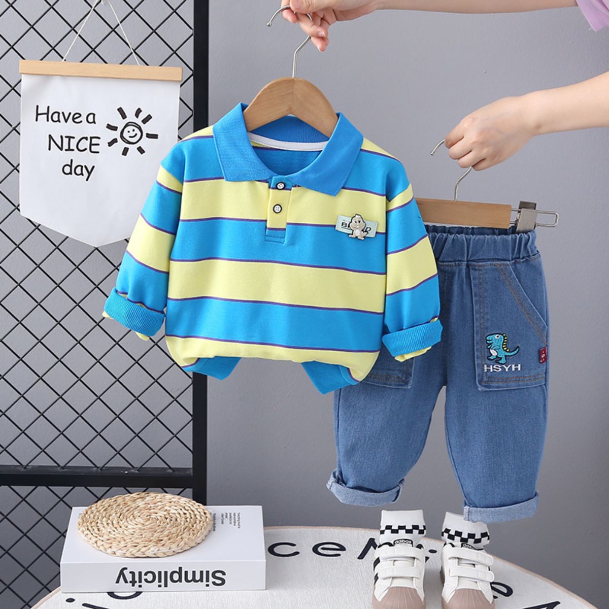 Boys Striped Lapel Polo Shirt Set