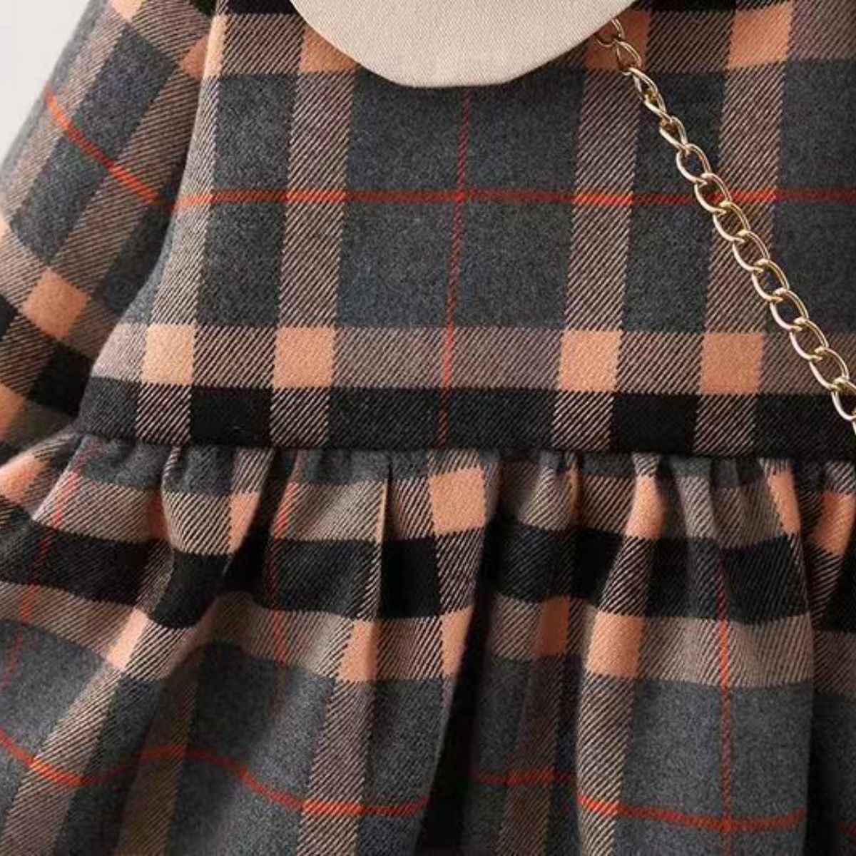 Autumn Girls Plaid Dress with Bear Bag