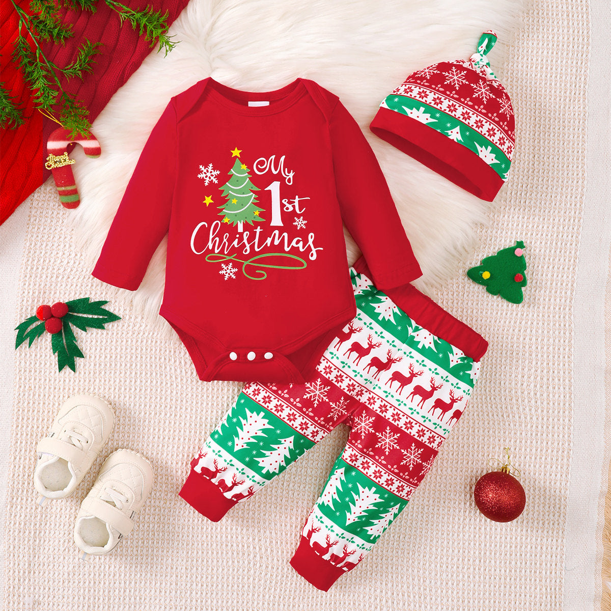 Christmas letter print romper set + hat