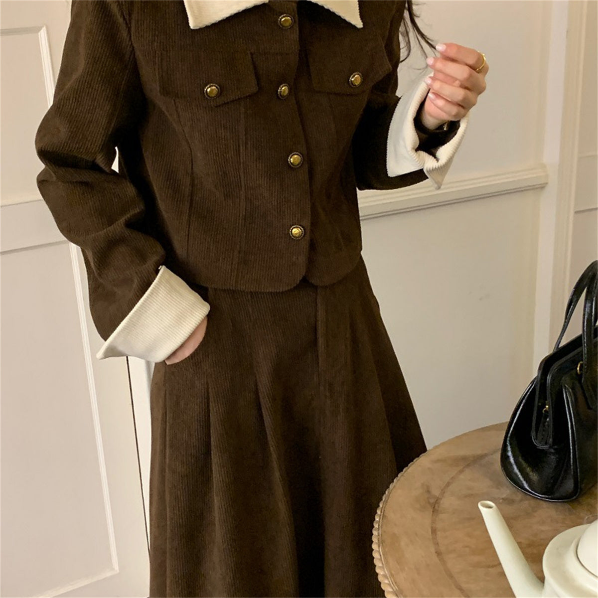 Corduroy contrast lapel short jacket + high waist skirt set