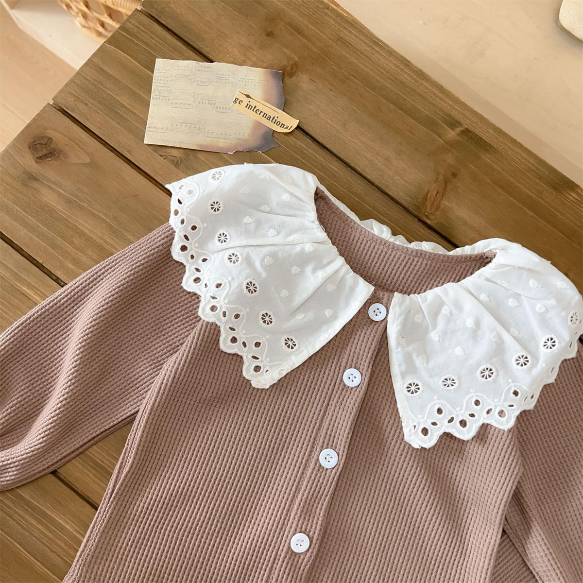 Baby Girl Lapel Long Sleeve Top + Pants Waffle Two Piece Set