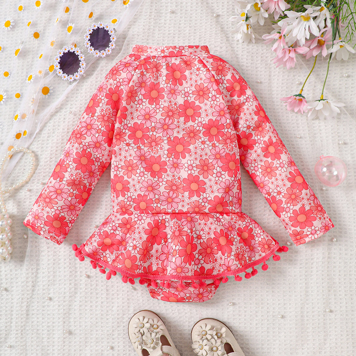 Children's summer cute floral full print edge stitching front zipper long sleeve triangle skirt swimsuit