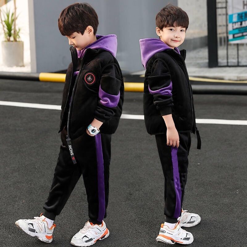 Autumn and winter double-faced fleece three-piece suit for children, plus fleece vest and sweatshirt suit