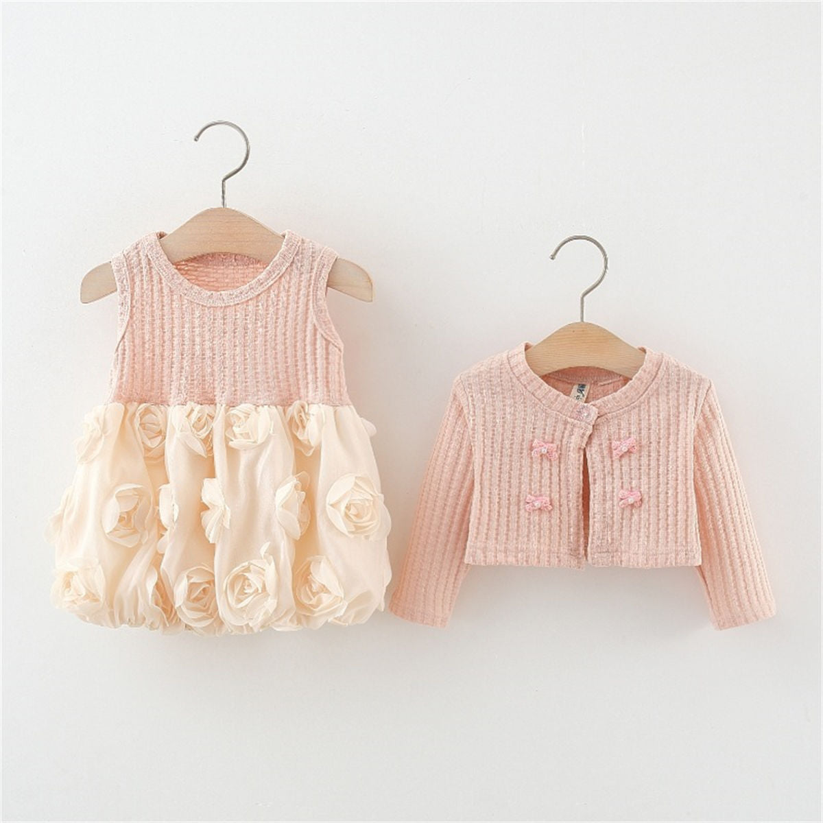 Girls Spring and Autumn Knitted Cardigan + Rose Bud Princess Skirt Two-piece Set