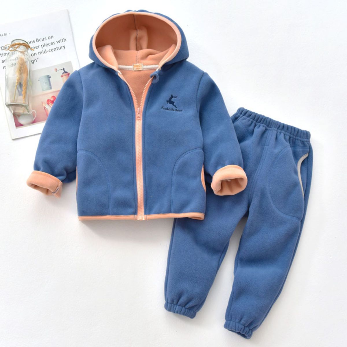 Children&#39;s polar fleece suits for spring and autumn, medium and large children&#39;s fleece warm tops and pants, two pieces for boys and girls, hooded and fleece jackets