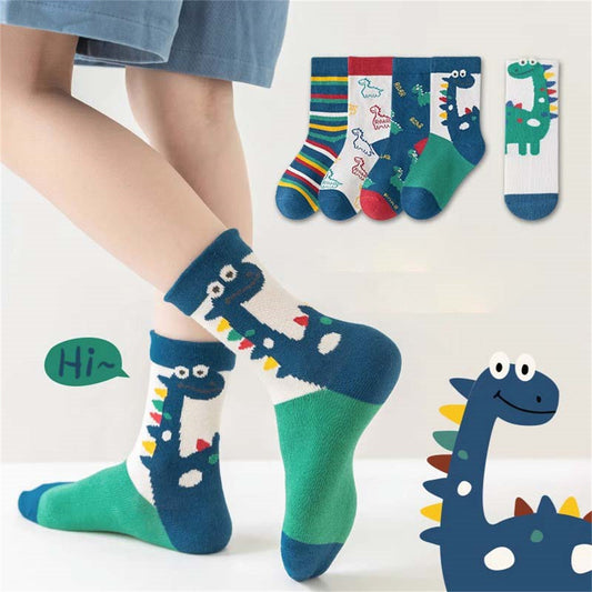 Children's boys cartoon dinosaur pattern bright color autumn and winter cotton socks