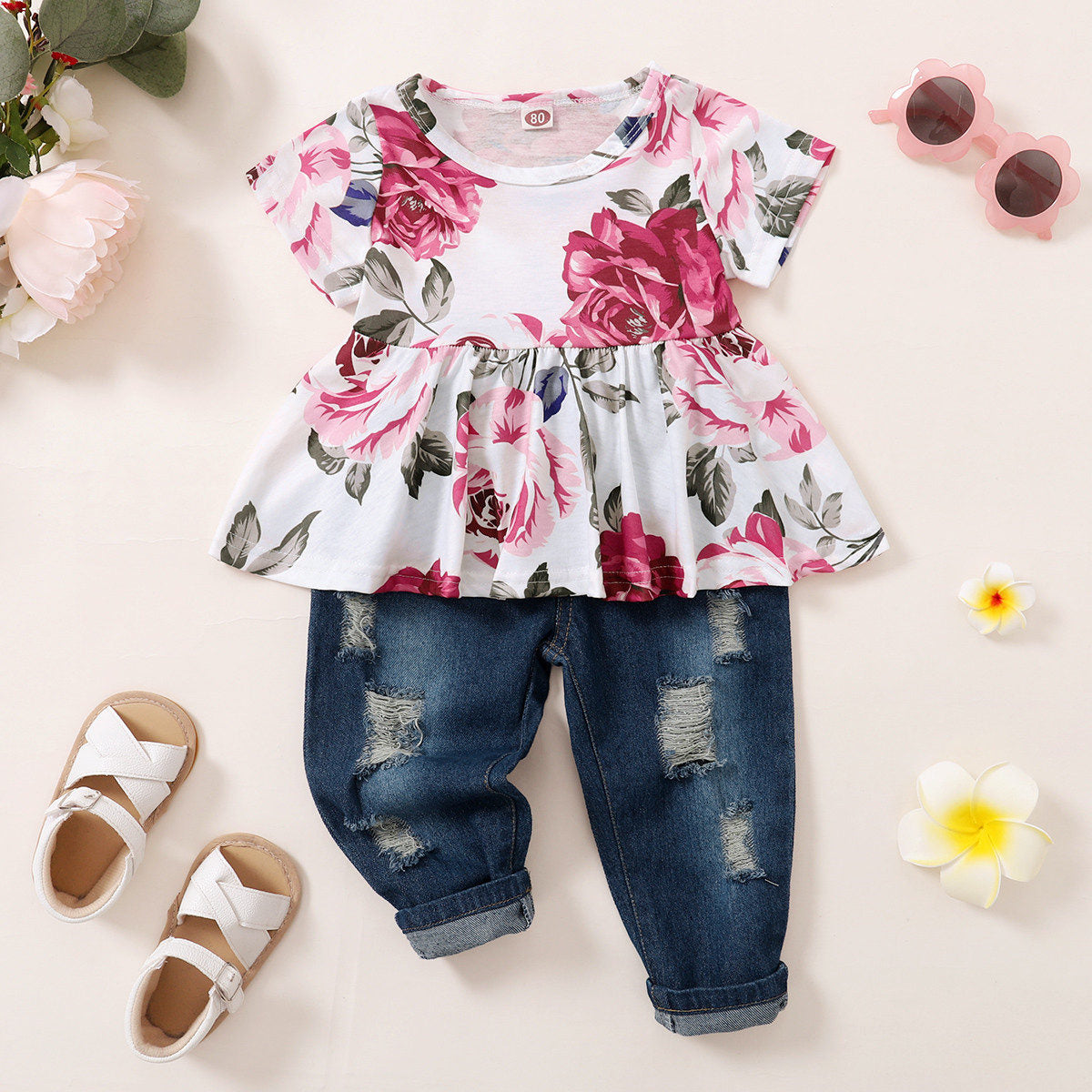 Large floral print denim suit