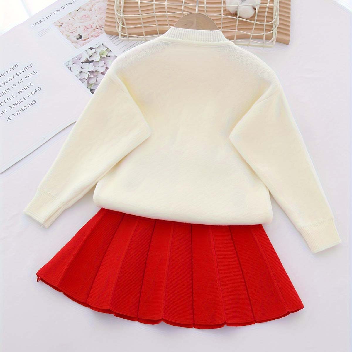 New arrival sweet girls flower knitted cardigan wool skirt two-piece set girls strawberry sweater suit skirt