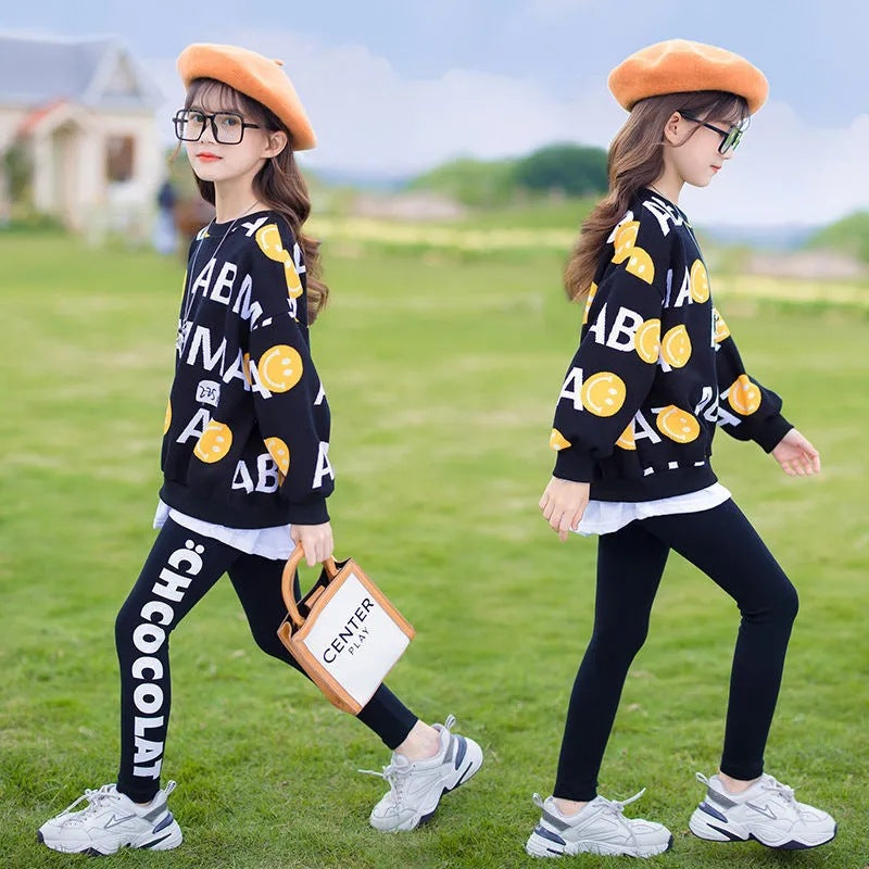 Long-sleeved T-shirt all-match top and leggings two-piece set