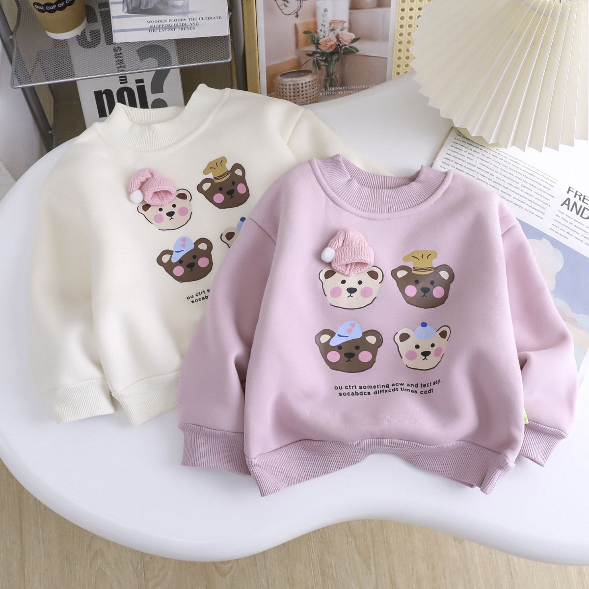 Girls Plush Cartoon Sweater Autumn and Winter Cute Bear Tops Small and Medium Children Thickened Casual All-match Warm Children's Clothing