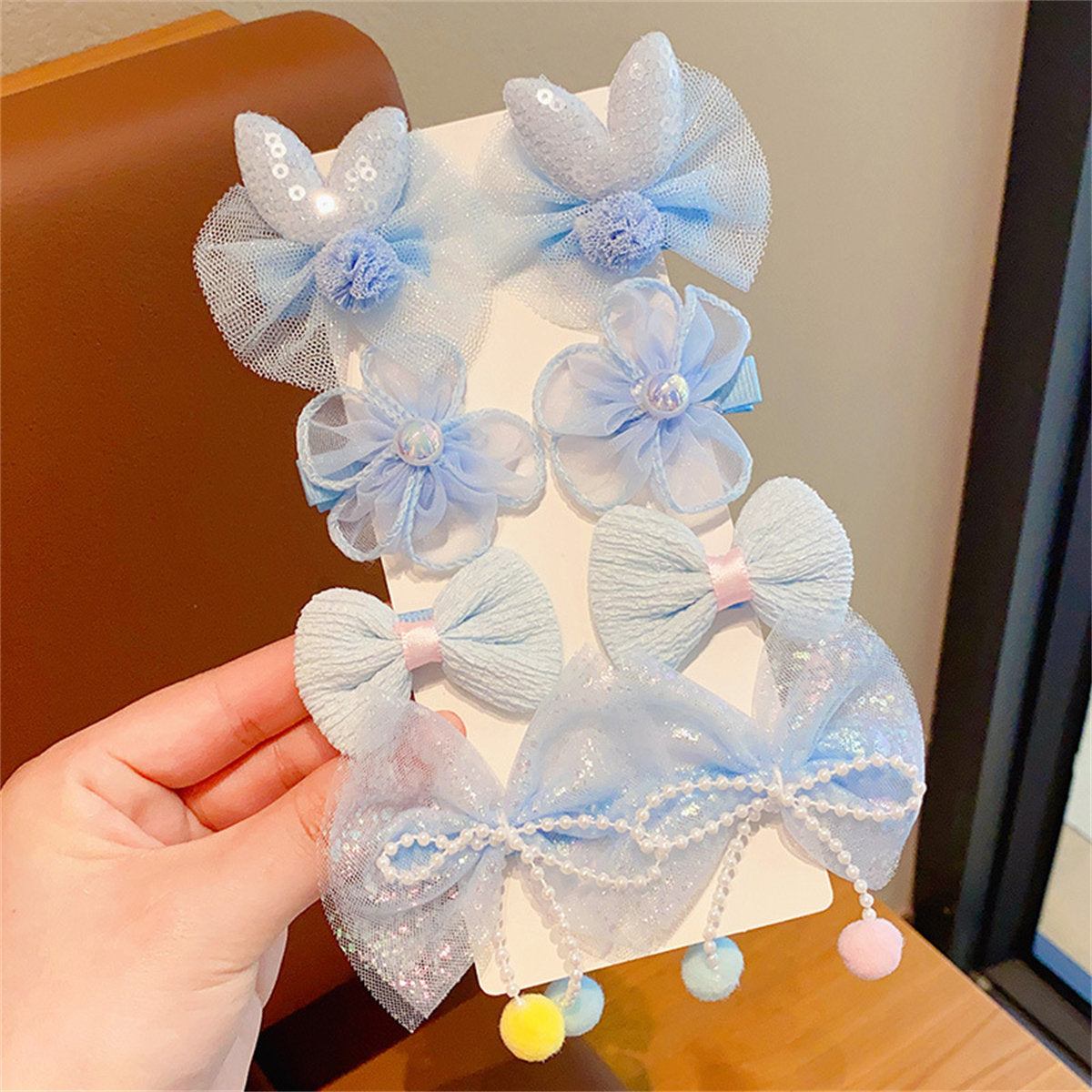 Children's 8-piece set of cute flower bow sweet style fabric hairpins that do not damage the hair