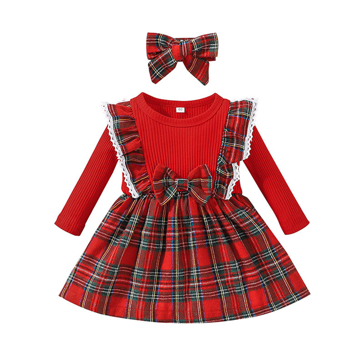 Baby Girl Christmas Long Sleeve Plaid Bowknot Dress