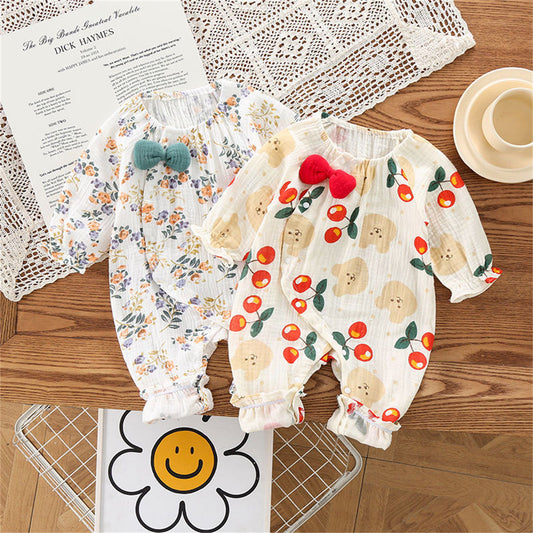 Infant summer gauze jumpsuit gauze bow side-opening romper floral print