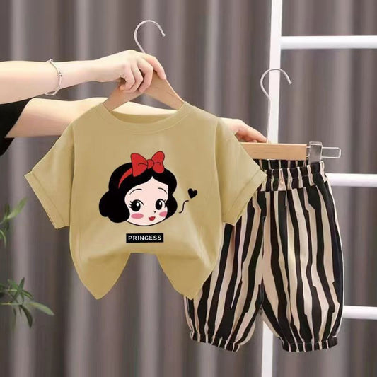 Summer boy and girl suits for babies and children, personalized trendy cartoon T-shirts, striped casual cropped pants