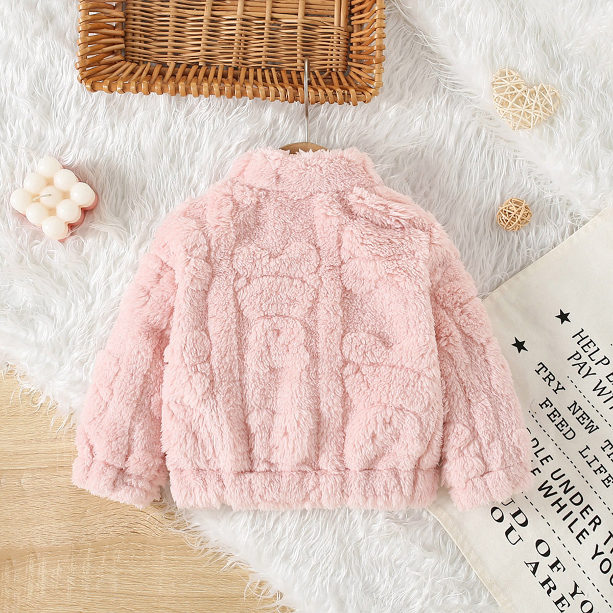 Autumn and winter new girls fleece bear love sweet high collar long sleeve wool sweater coat