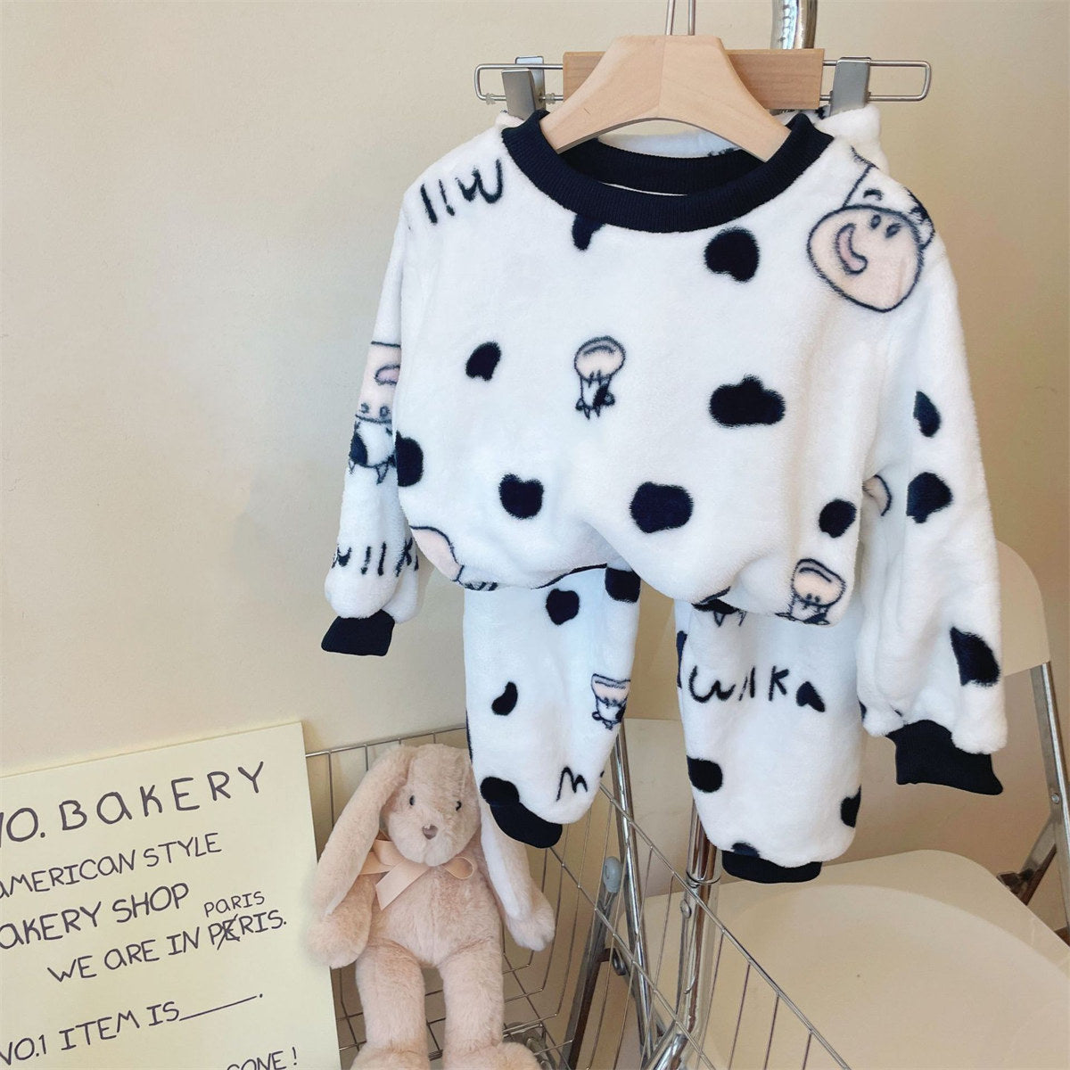 Flannel Pajamas Children's Coral Fleece Boys Girls Baby Cartoon Round Neck Home Clothes Plush Thickened Set