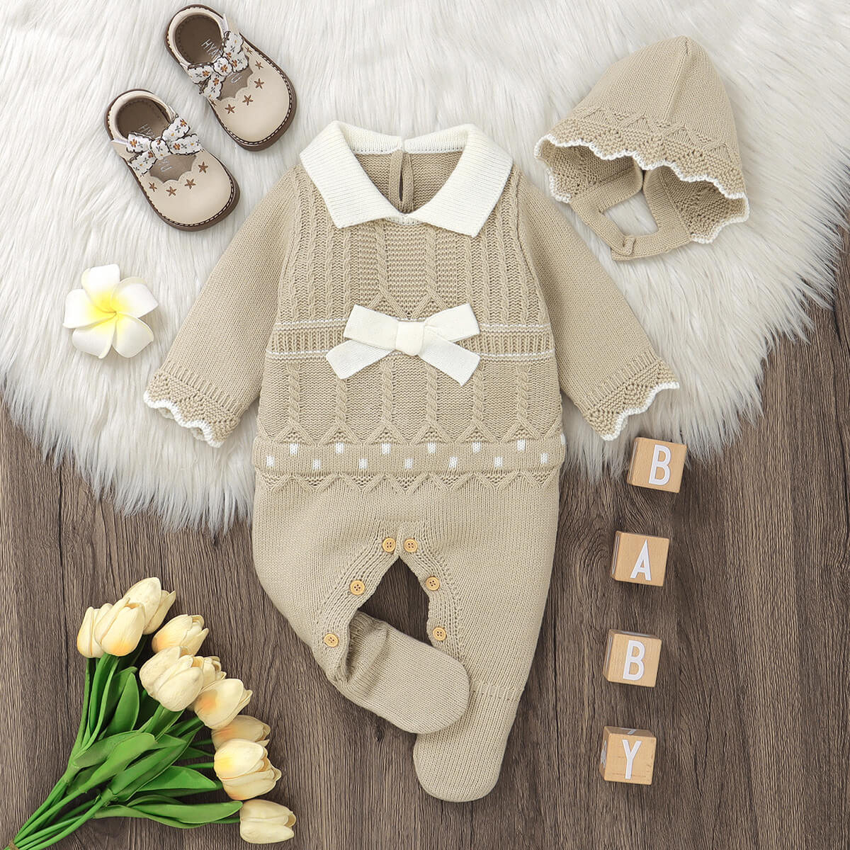 Baby solid color knitted one-piece long-sleeved romper with long legs + hat