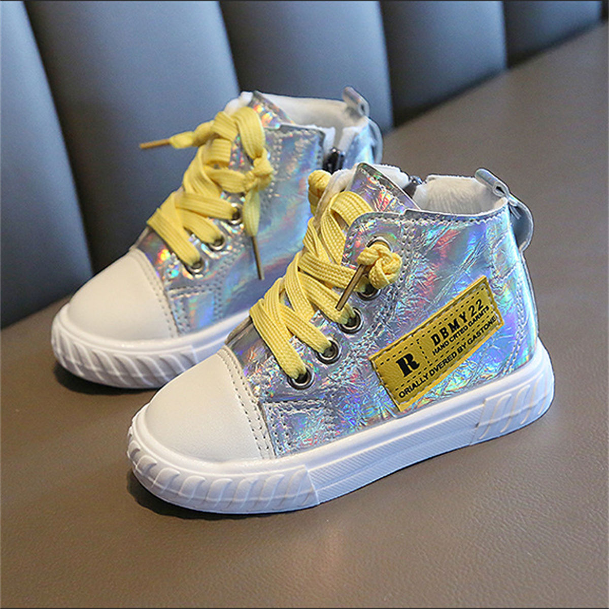 Winter velvet-lined bright-color sequined high-top canvas shoes for boys and girls