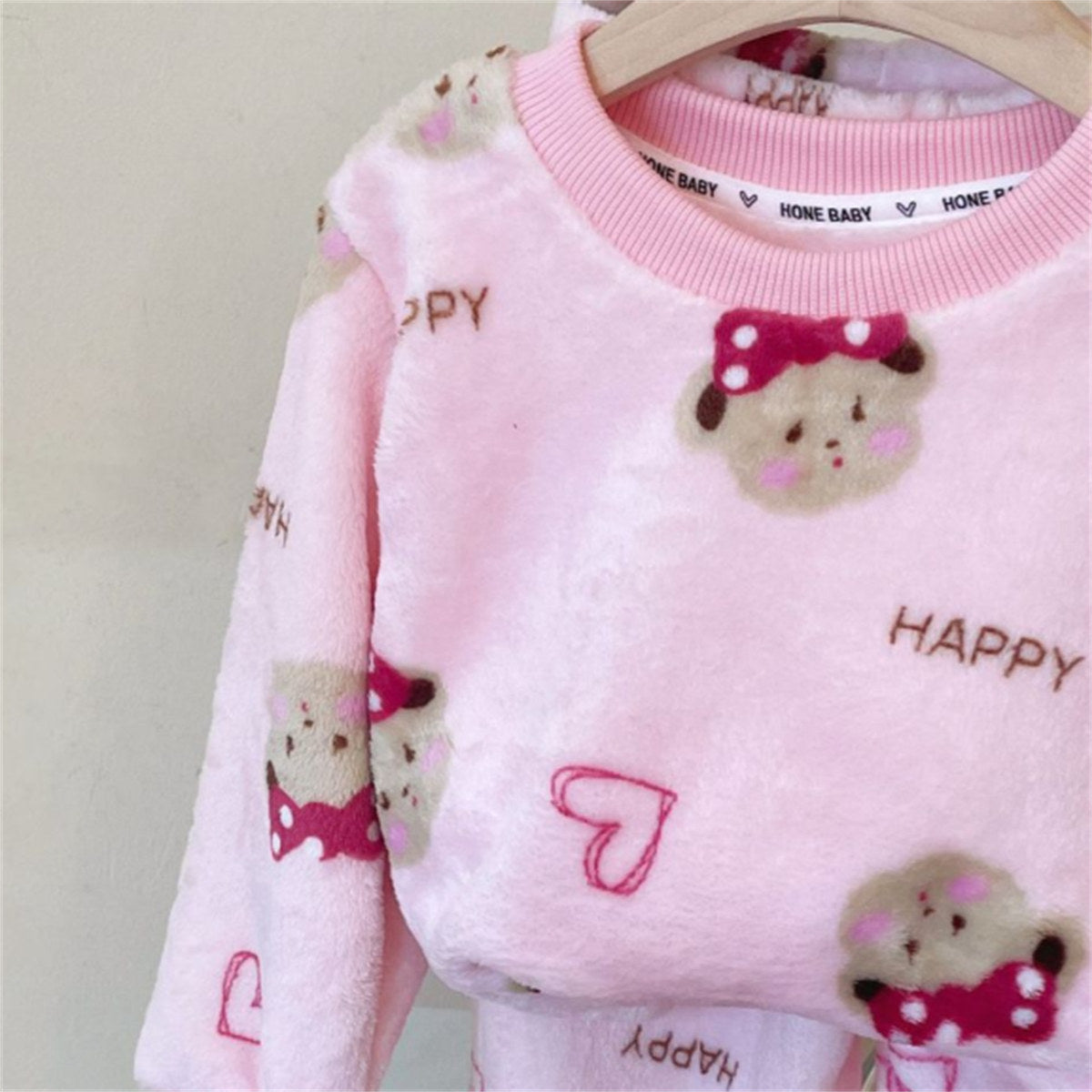 New style flannel pajamas children's coral fleece boys and girls baby cartoon round neck home clothes plus velvet thickened set