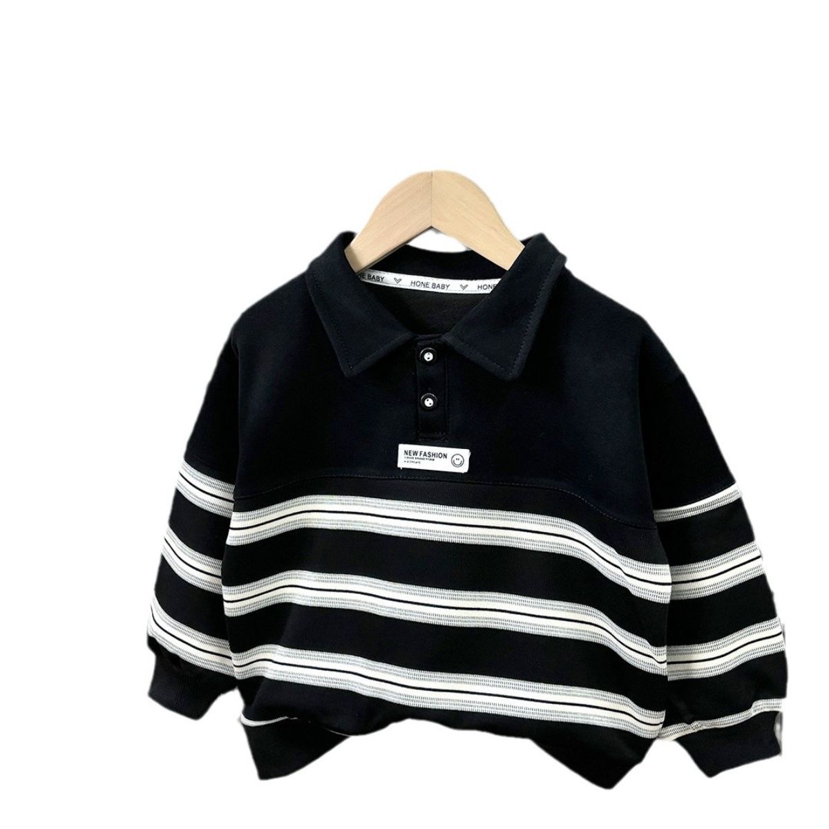 Autumn children's cotton long-sleeved POLO shirt with black and white stripes for boys and middle-aged children