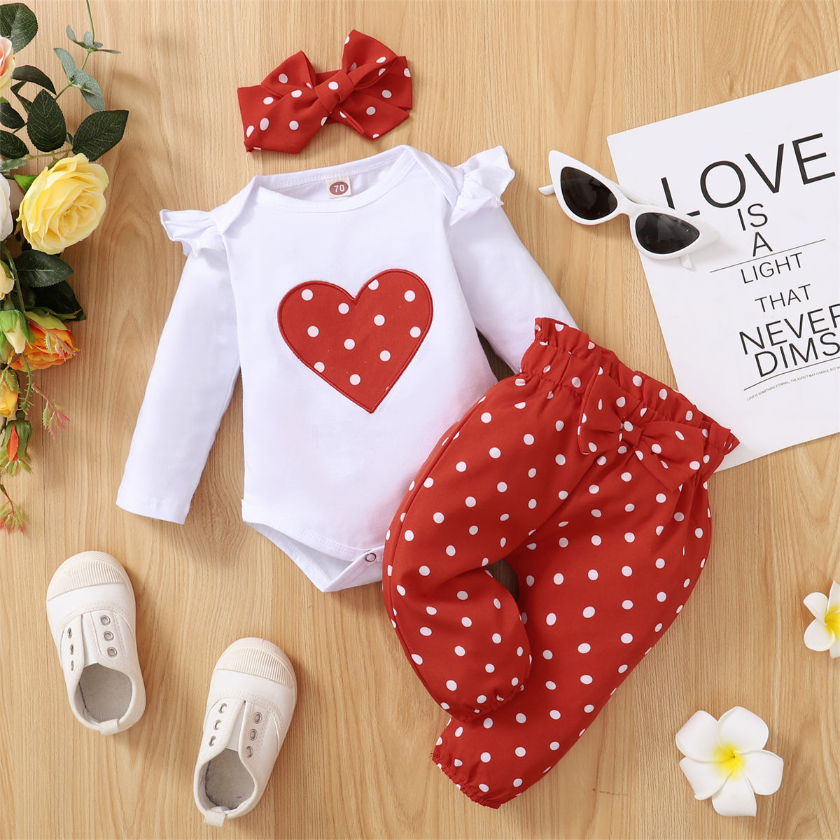 Heart Embroidered Polka Dot Romper Set + Headscarf