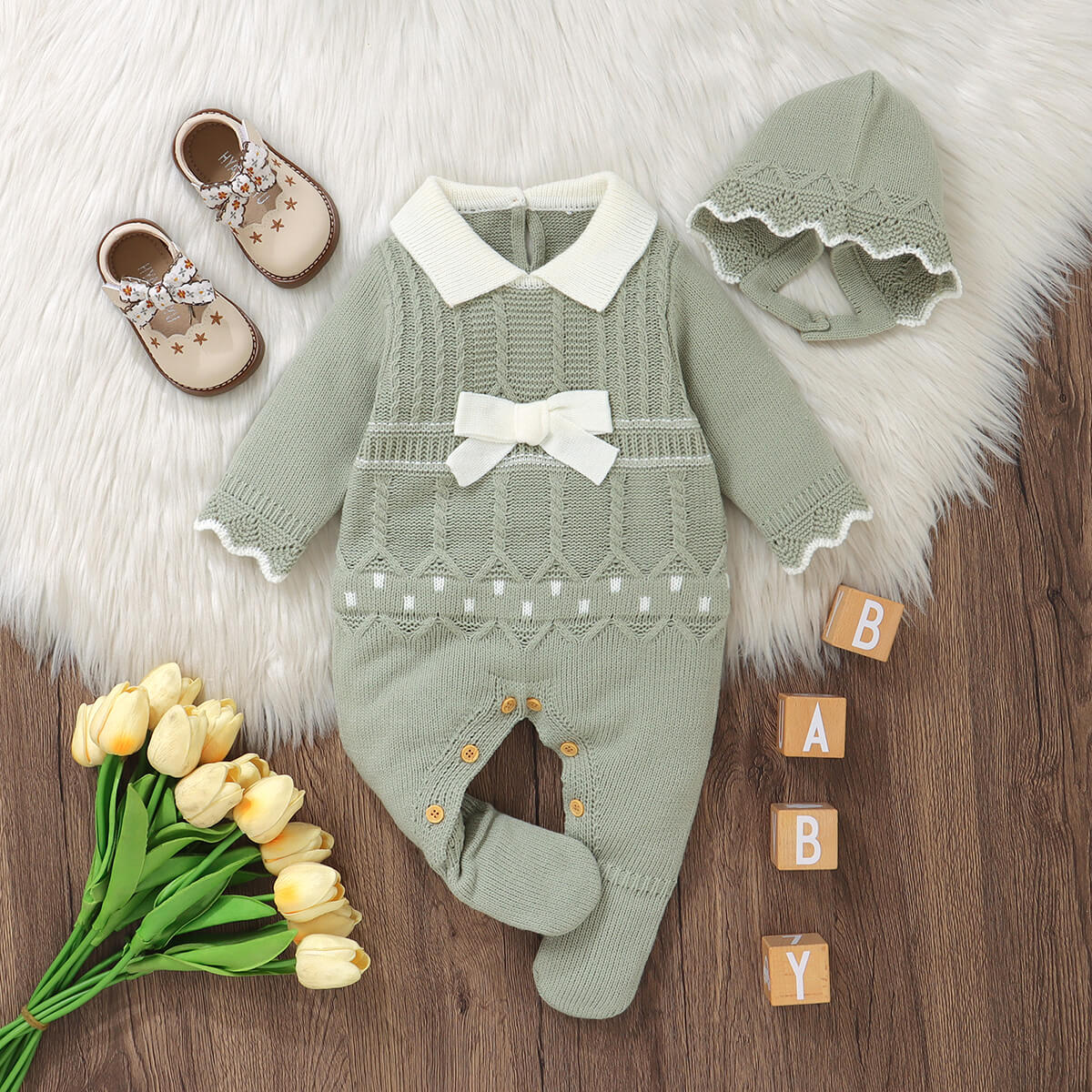 Baby solid color knitted one-piece long-sleeved romper with long legs + hat