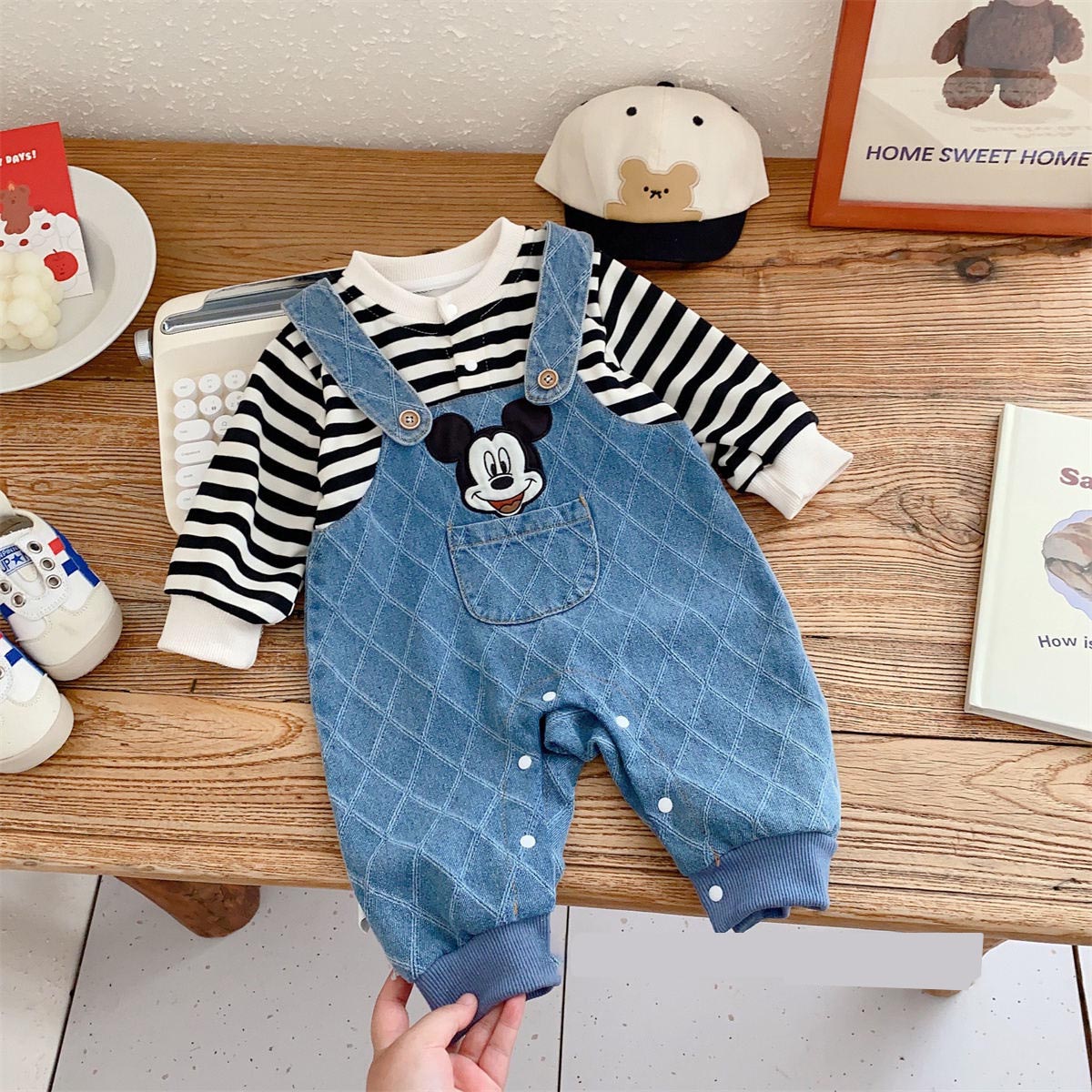 Baby cartoon Mickey fake two-piece striped romper one-year-old dress