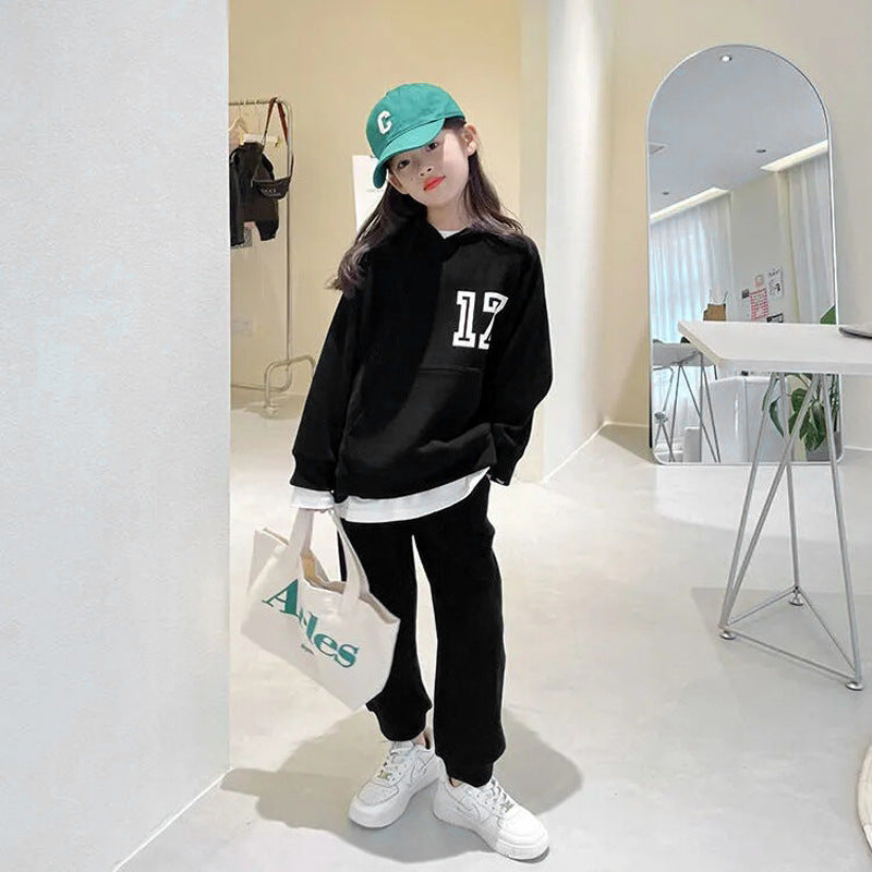 Girls' casual two-piece suit with hooded sweatshirt and sweatpants for middle and large children