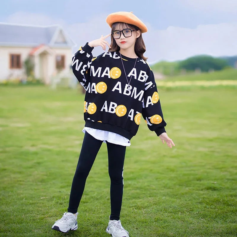 Long-sleeved T-shirt all-match top and leggings two-piece set