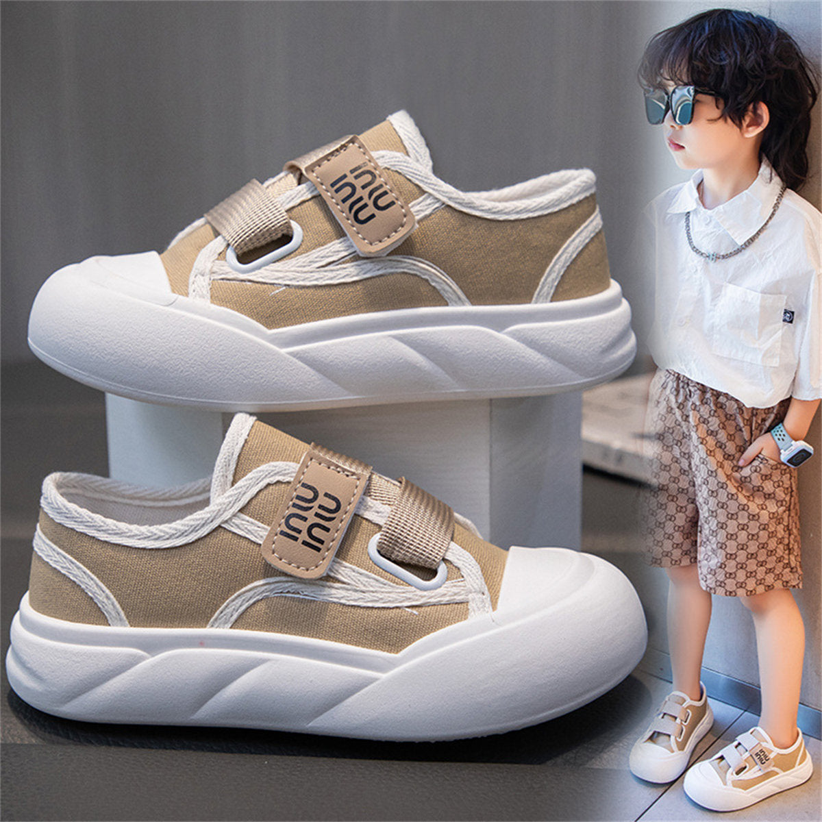 Middle and large boys spring and autumn urban casual style supportive Velcro low-top canvas shoes