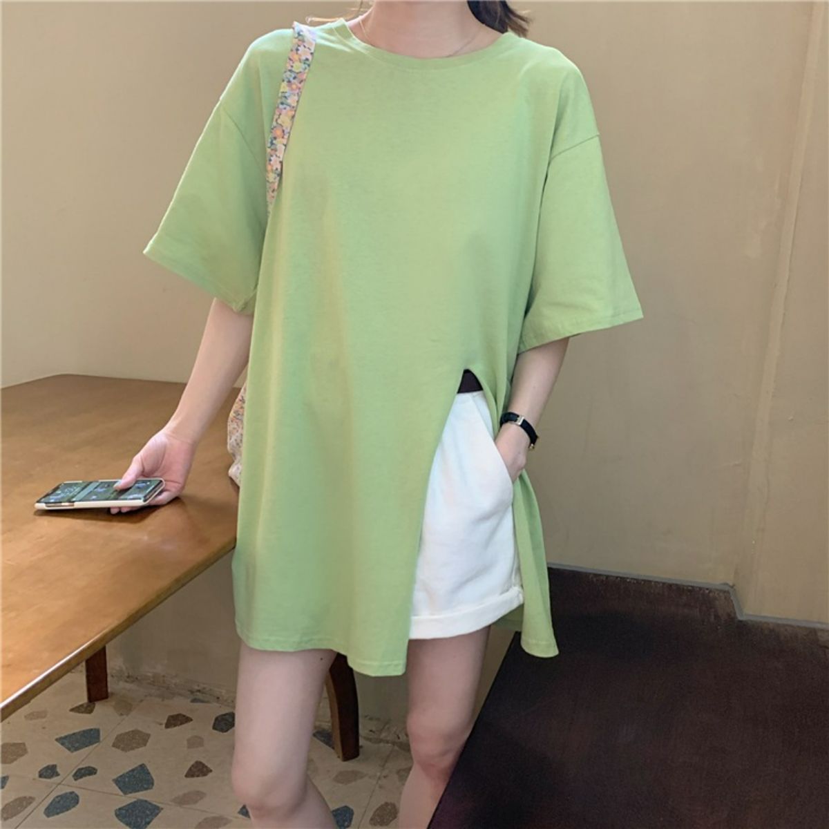 Maternity T-shirt summer design slit maternity top loose mid-length solid color short-sleeved T-shirt