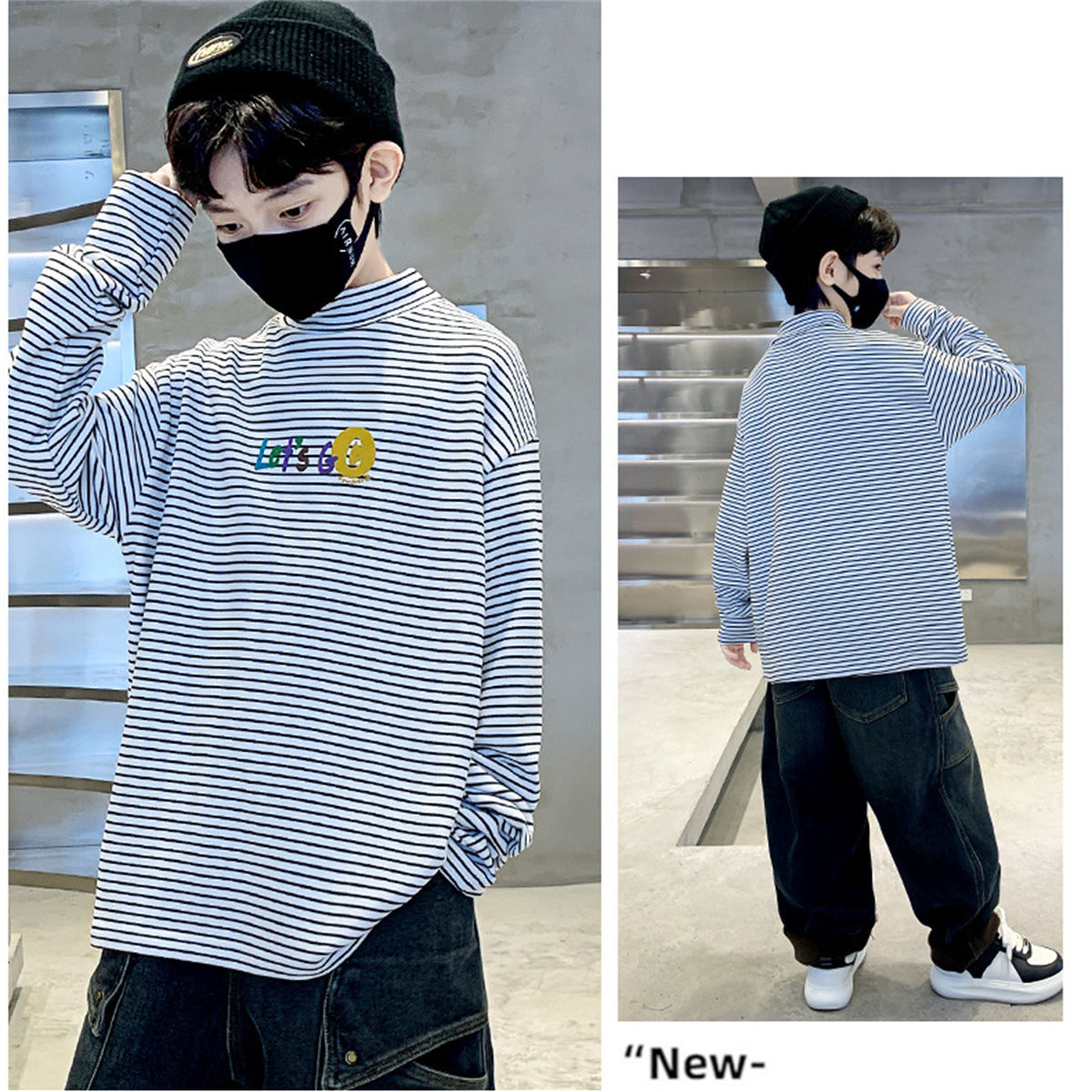 Winter plus velvet cute letter horizontal striped warm bottoming shirt for middle and large boys