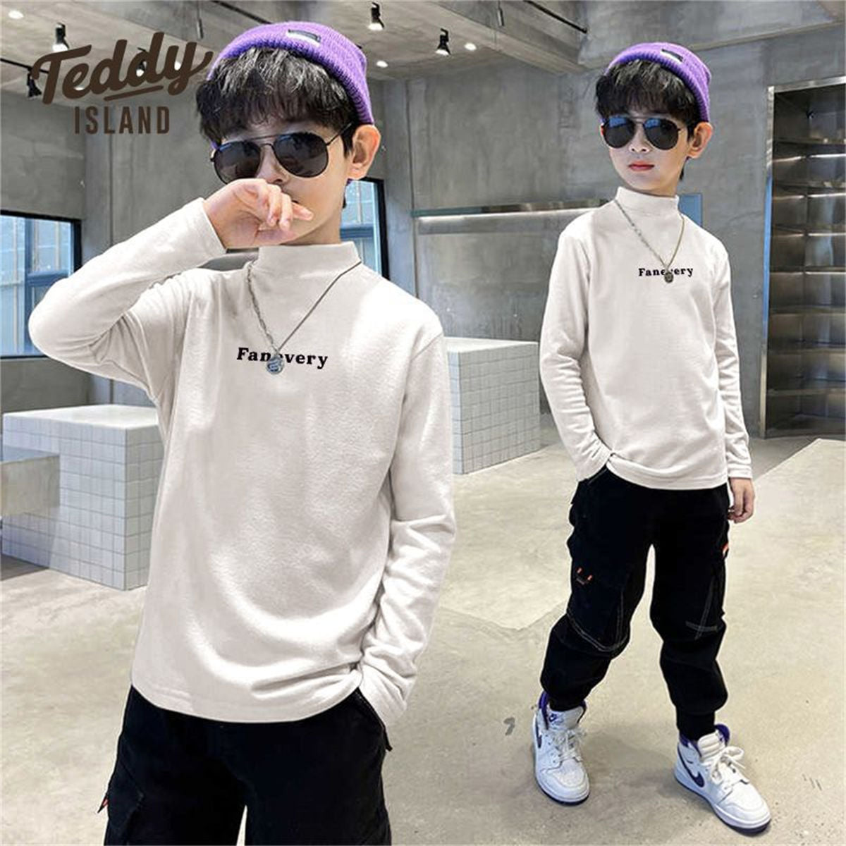 Winter simple letter style plus velvet warm half-high collar bottoming shirt for middle and large boys