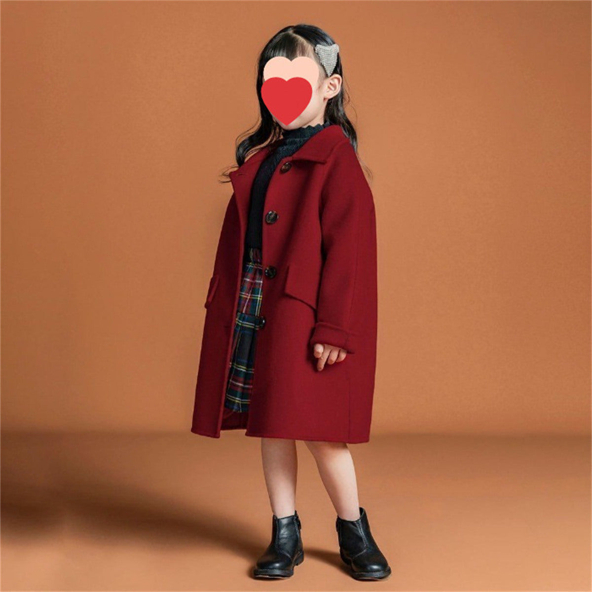 Solid color mid-length all-match coat for older kids