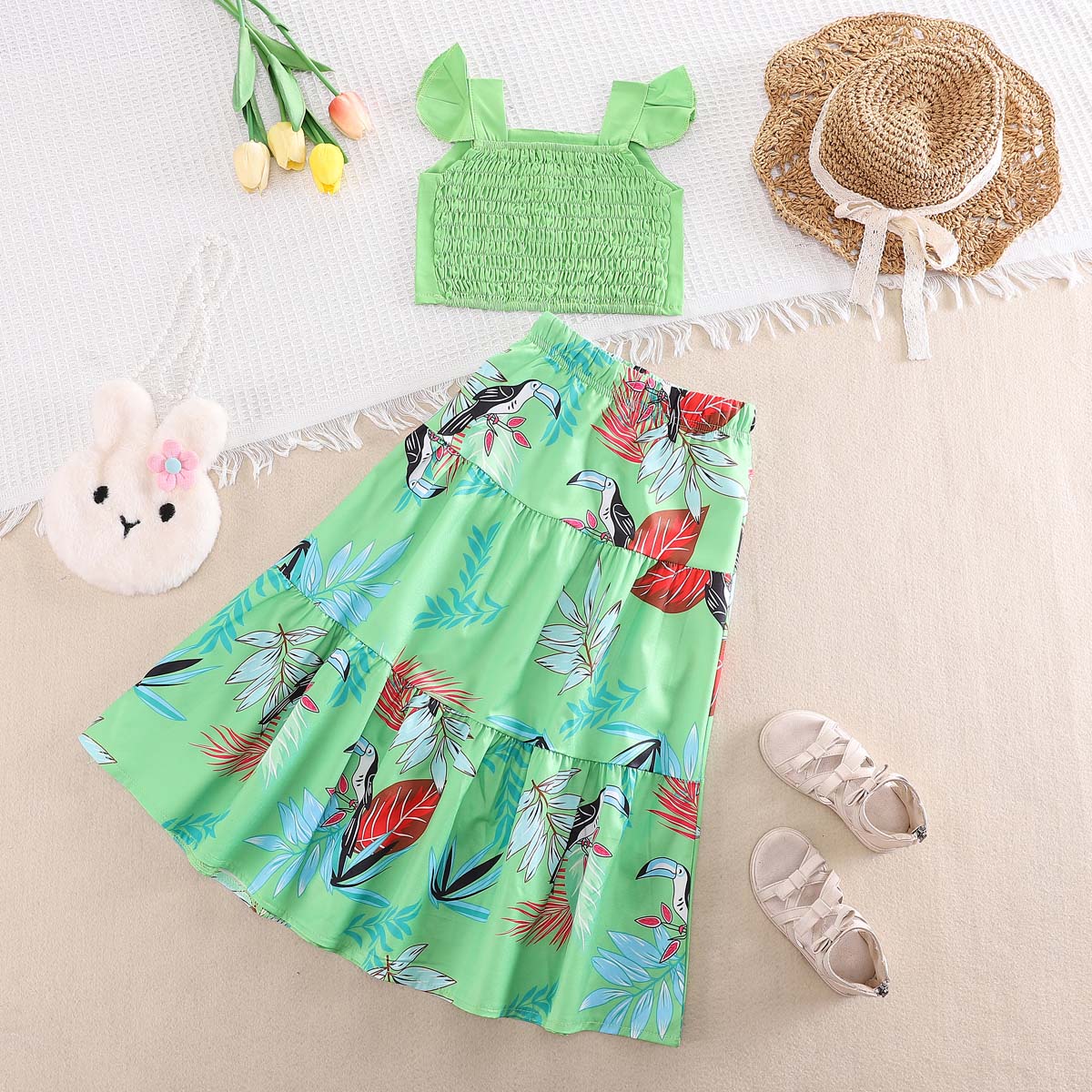 Summer Girls Ruffle Short Vest Swing Skirt Set Printed Holiday Style Set