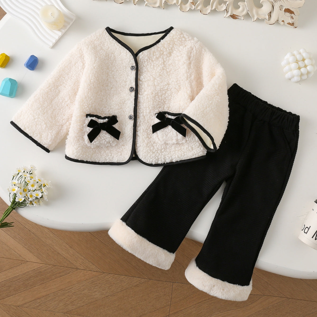 Medium and small girls lamb wool thickened temperament small hemmed bow winter long sleeve coat