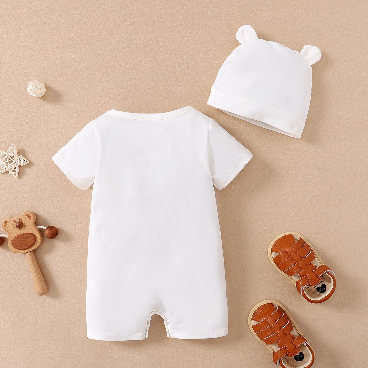 Baby Boy Bear Printed Short-sleeve Bodysuit With Hat